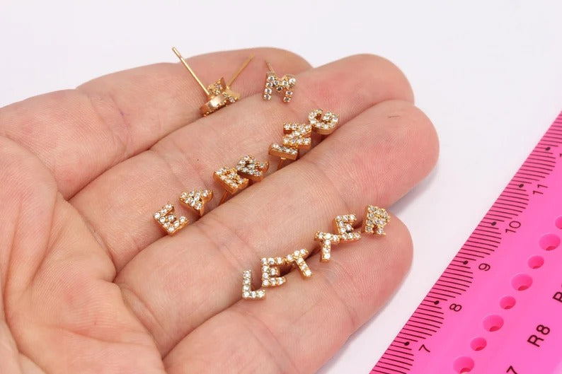 6x7mm 24k Shiny Gold Letter Earrings, Micro Pave Letter,        HRF49