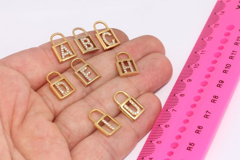 10x16mm 24k Shiny Gold Letter Charms, CZ Padlock Letter, Alphabet,     HRF40