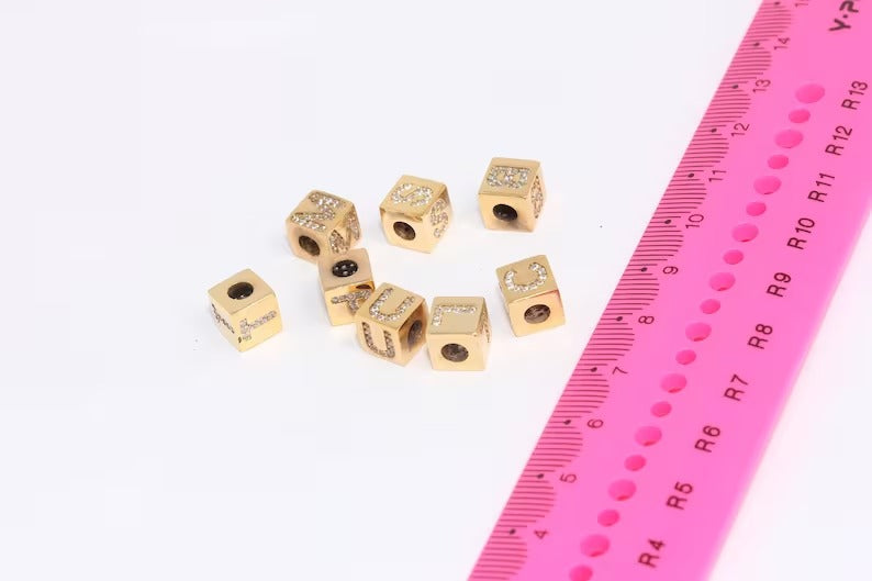 8x8mm 24k Shiny Gold Cz Letter Beads, Cube Letter, Zircon, HRF38-1