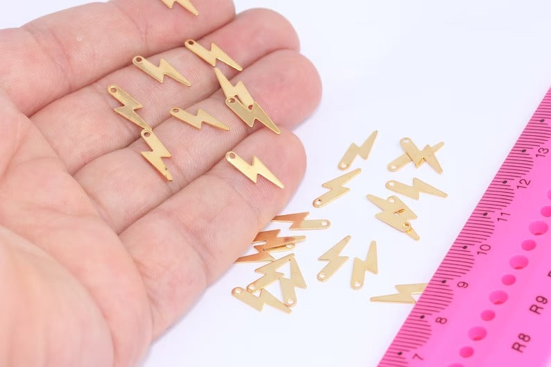 5x14mm 24k Shiny Gold Charms, Tiny Lightning Charms, Lightning Bolt Necklace Charm, Gold Thunder Pendant, Gold Dainty Charms, SLM103