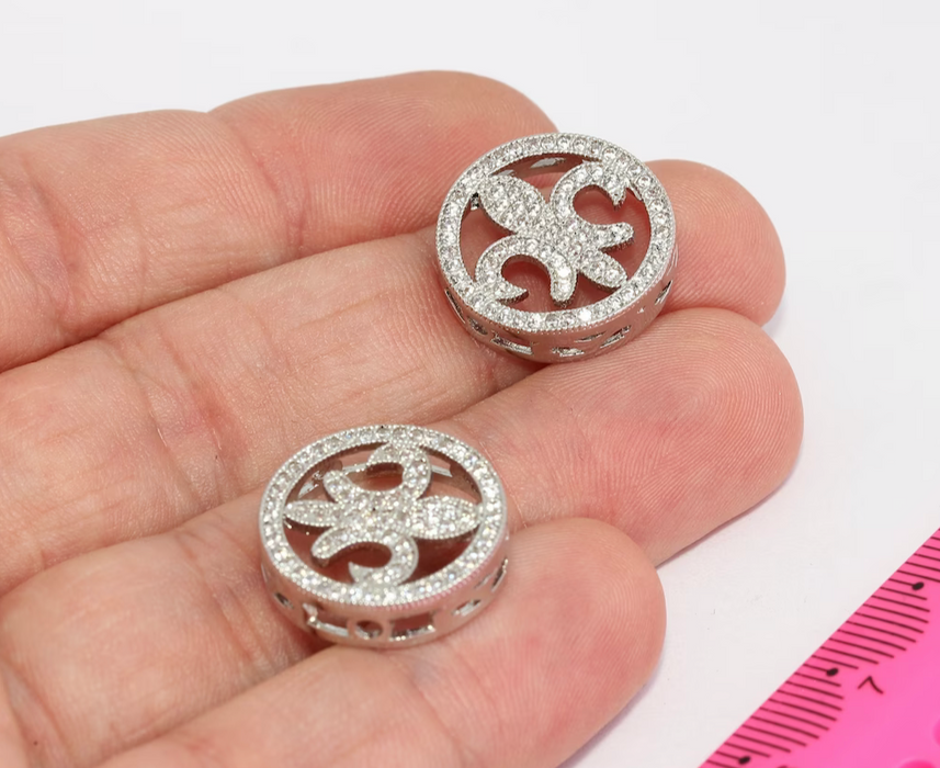 18mm Rhodium Plated ,Fleur Charms, Micro Pave , Gold, ZRCN401