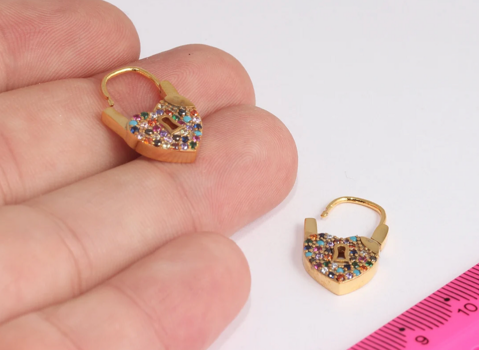 Heart Lock Earrings, CZ Heart Padlock Earrings