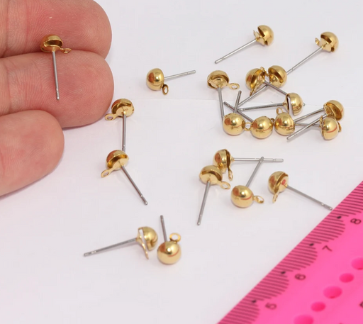 Earring Posts, Raw Brass Ball Ear Pad