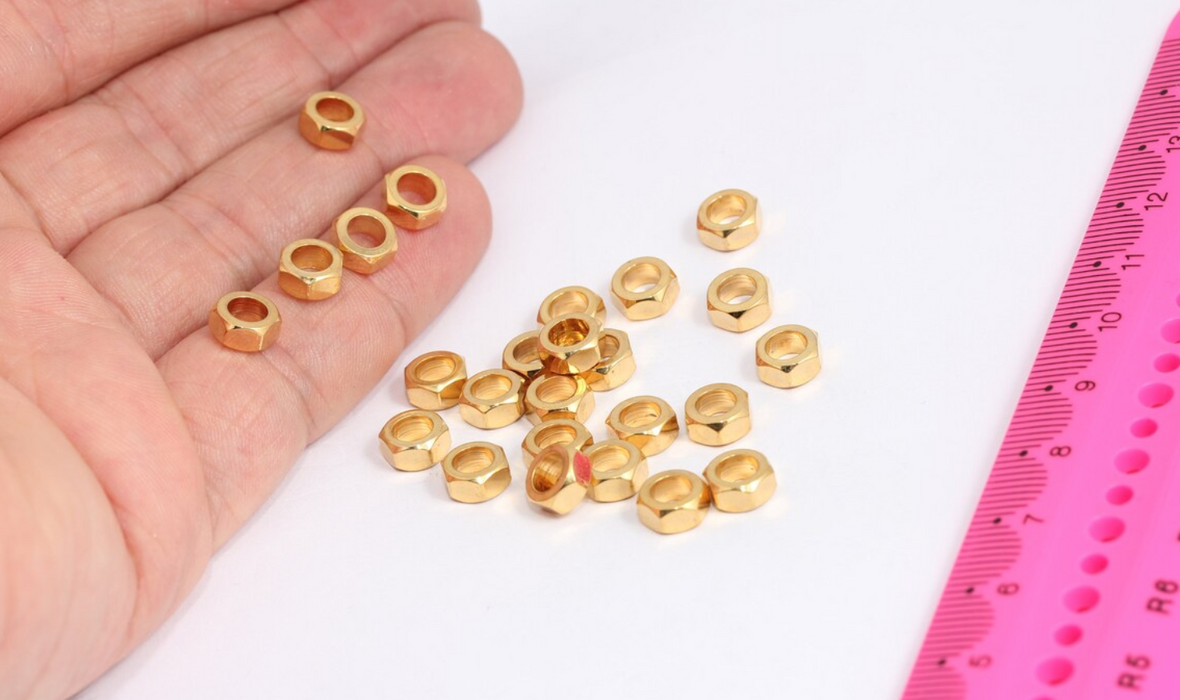 7 mm 24 Ayar Parlak Altın Altıgen Boncuklar, Katı Altıgen Boncuklar, MTE462