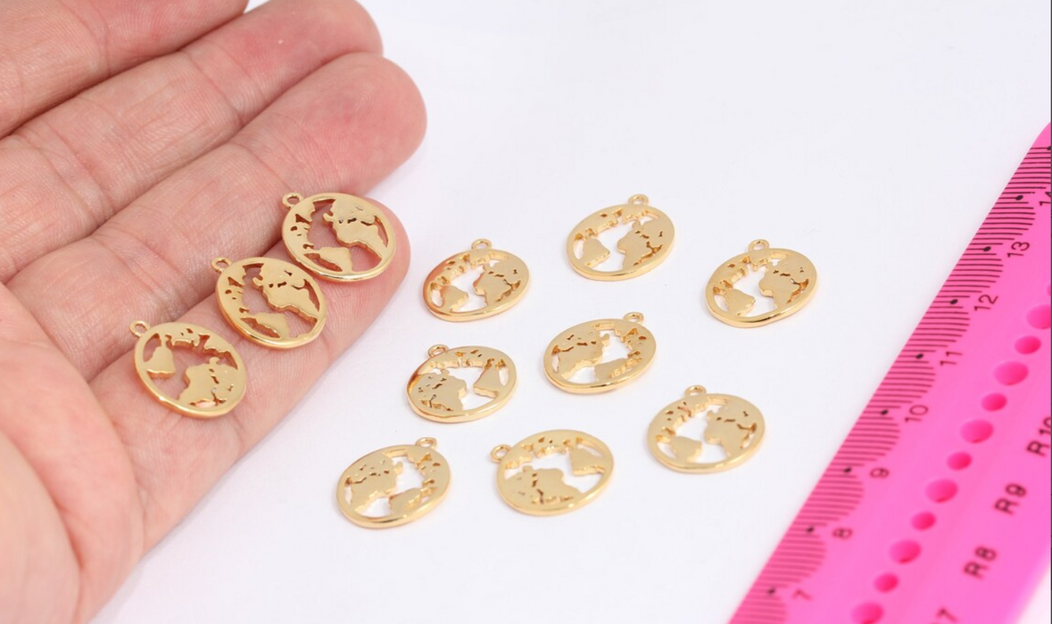 Ciondolo con mappa del mondo in oro lucido 24k, 15x16 mm, globo, MTE503