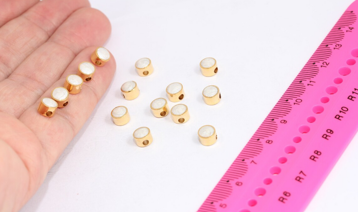 6mm 24k Shiny Gold Beads, White Enamel Beads, Enamel MTE566
