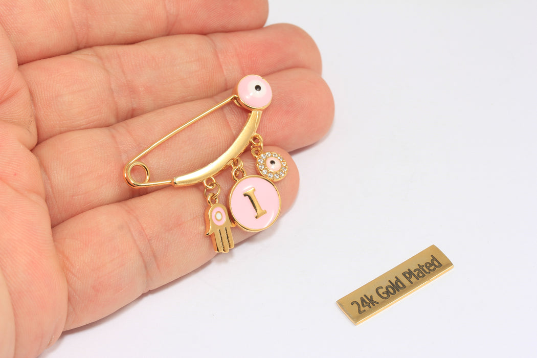 14x35mm 24k Shiny Gold Evil Eye Safety Pin With Charms, Light Pink Evil Eye Baby Protection, CZ Personalized Mini Baby Clothing Pin,
