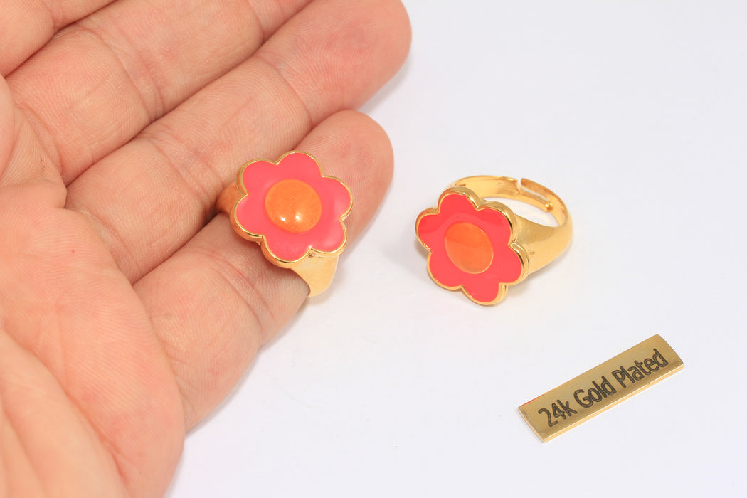 17-18mm 24k Shiny Gold Daisy Rings, Pink Enamel Daisy Statement Rings, Flower Shaped Rings, Women's Rings, CHK71-5