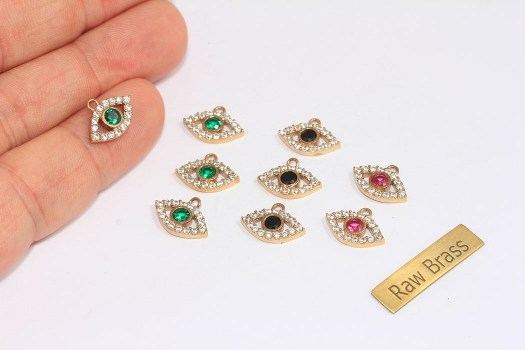 10x14mm Raw Brass CZ Evil Eye Charms, Micro Pave Optional Stone Color Evil Eye Pendant, Micro Pave Evil Eye Charms, ZPR