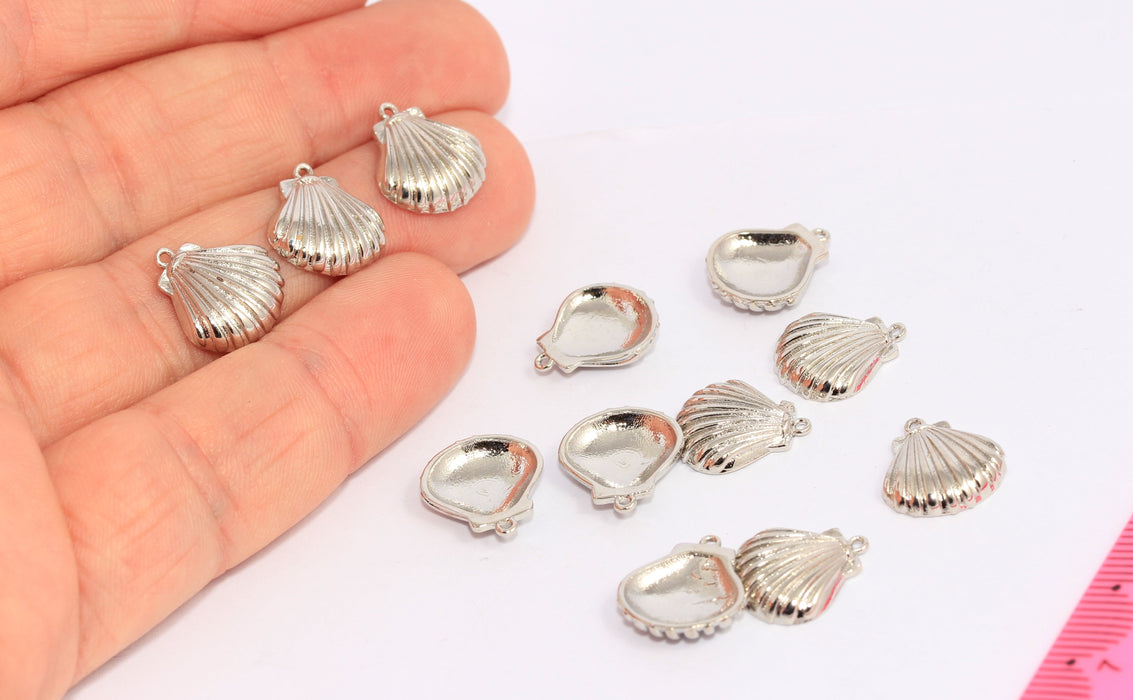 13x14 mm Rodyum Kaplama Deniz Kabuğu Charm, Deniz Kabuğu Boncukları, BRT40