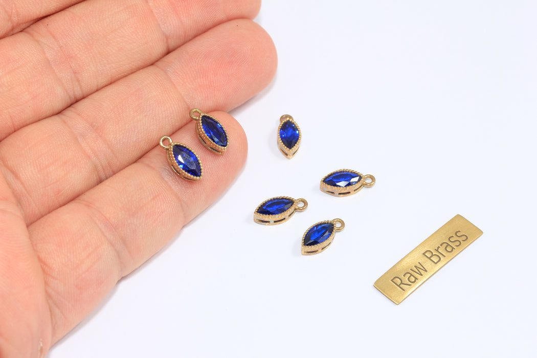 5x11mm Raw Brass CZ Drop Charm, Navy Blue Crystal Stone Drop Pendant, Bezel Teardrop Bracelet Charm, ZPR26
