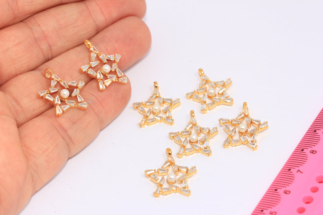 18x21mm 24 ayar Parlak Altın CZ Yıldız, Beyaz Baget Taşlı Tılsımlar, SLM200
