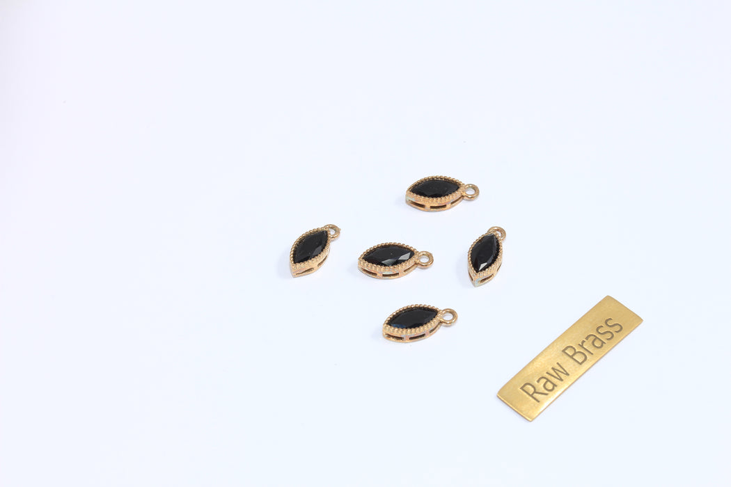5x11mm Raw Brass CZ Drop Charm, Black Crystal Stone Drop Pendant, Bezel Teardrop Bracelet Charm, ZPR27