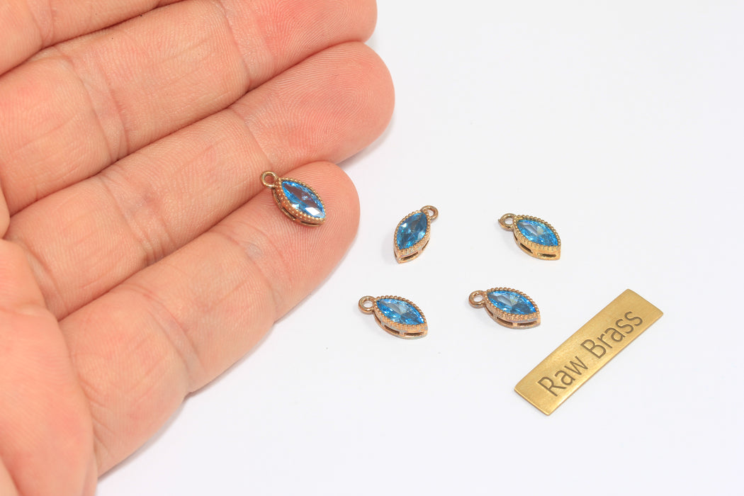 5x11mm Raw Brass CZ Drop Charm, Sky Blue Crystal Stone Drop Pendant, Bezel Teardrop Bracelet Charm, ZPR25