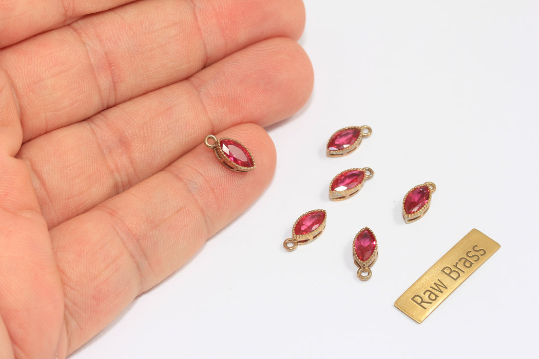 5x11mm Raw Brass CZ Drop Charm, Ruby Crystal Stone Drop Pendant, Bezel Teardrop Bracelet Charm, ZPR12