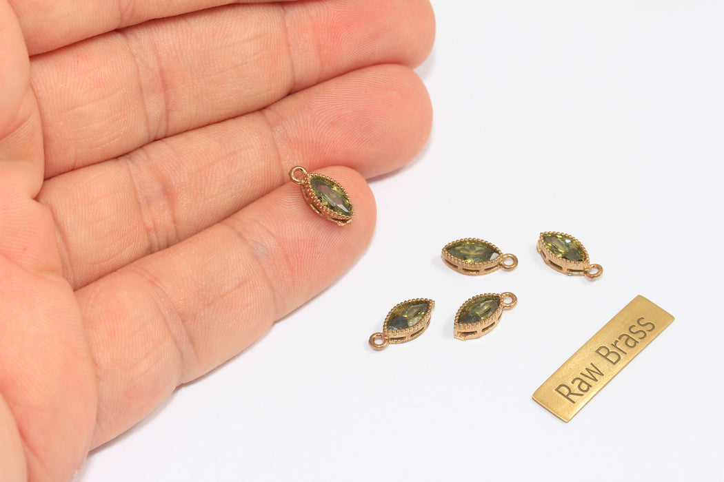 5x11mm Raw Brass CZ Drop Charm, Olive Green Crystal Stone Drop Pendant, Bezel Teardrop Bracelet Charm, ZPR18