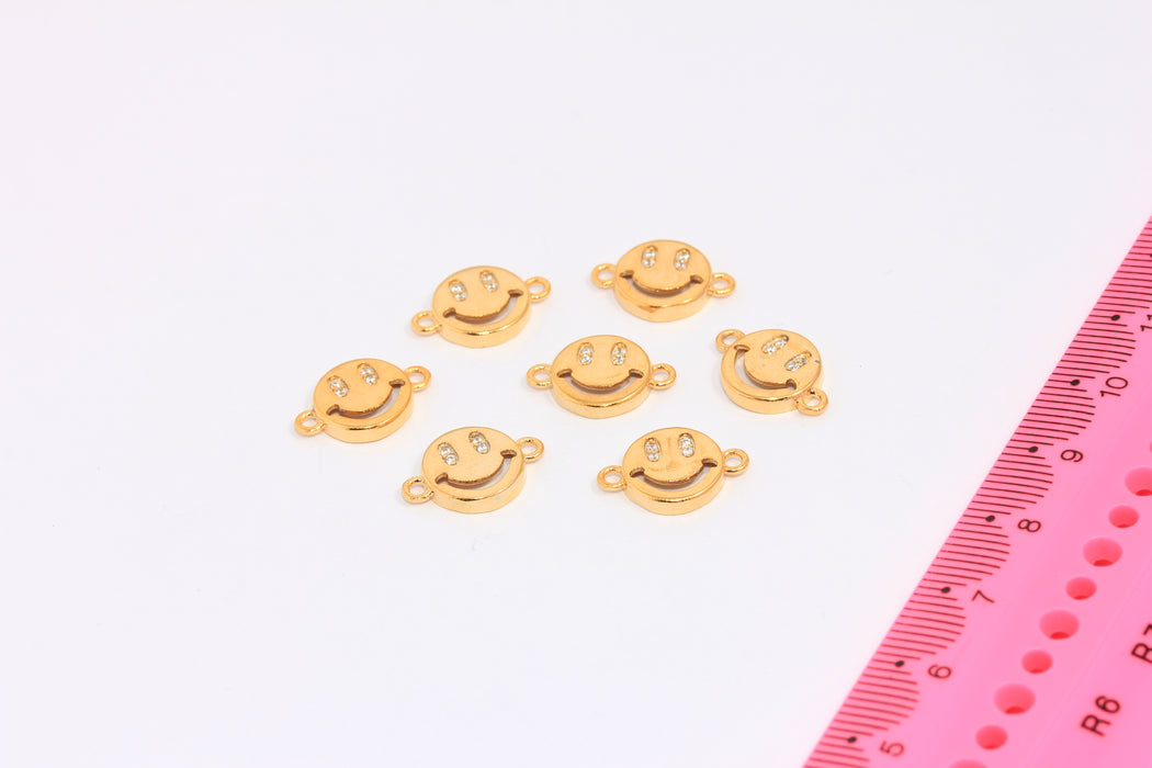 10mm 24k Shiny Gold Smiley Charms, CZ White Stone Smiley Beads, MLS1118