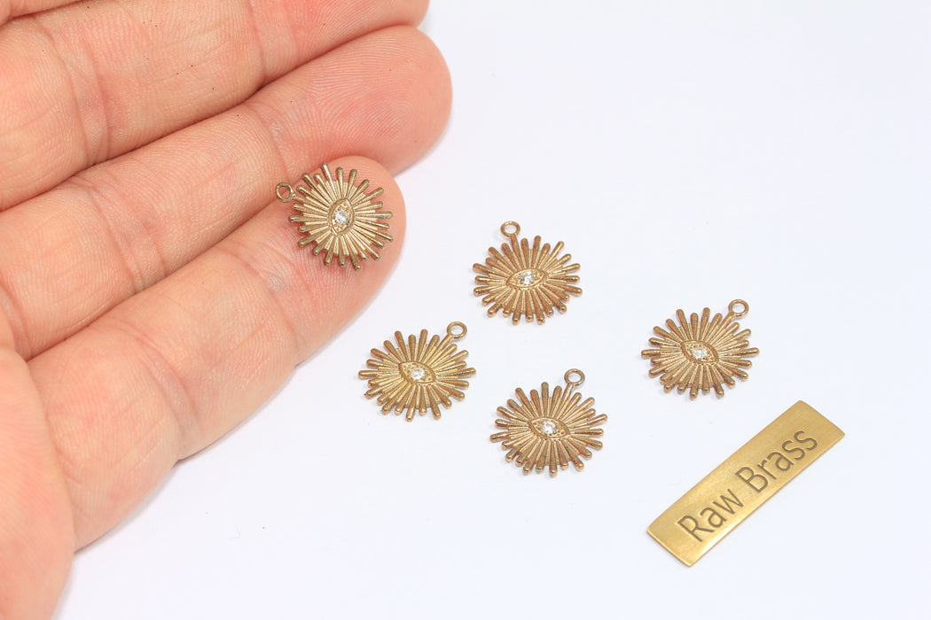 22mm Raw Brass CZ Sun Eye Charms, Micro Pave Evil Eye Pendant, CZ White Stone Eye Charms, ZPR32