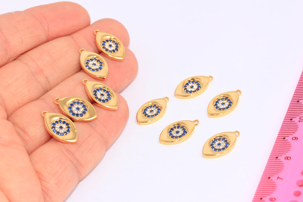 10x16mm 24k Shiny Gold CZ Evil Eye Charm, Micro Pave Evil Eye Drop Beads, CHK154-2