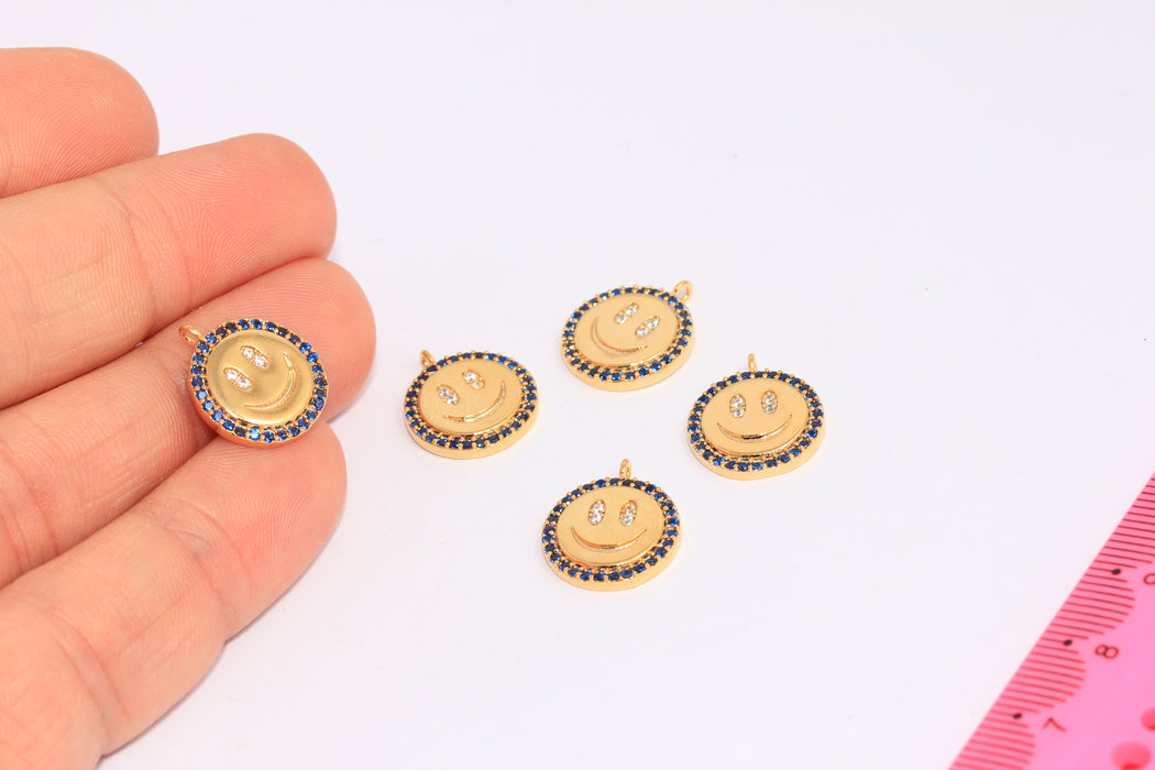 14mm 24k Shiny Gold Smiley Charms, CZ Blue Stone Smiley Beads, CHK134-6
