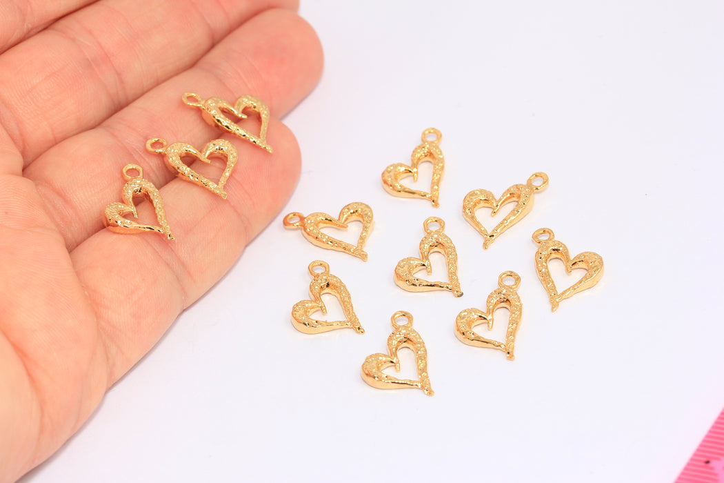10x14mm 24k Shiny Gold Heart Beads, Outline Frame Heart Charms, CHK112-3
