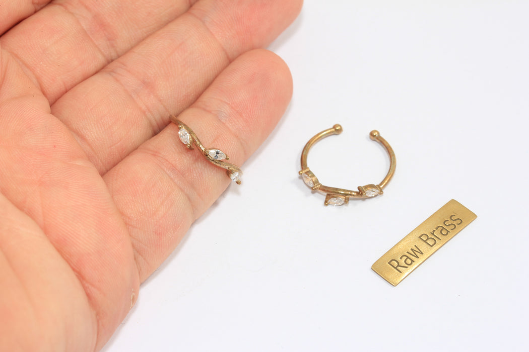 16-17mm Raw Brass CZ Leaf Rings, CZ Leaf Open Rings, Baguette White Stone Rings, CZ Dainty Rings, ZPR104
