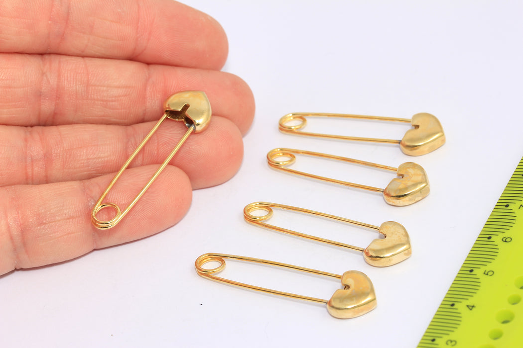 12x42mm Raw Brass Safety Pin Charm, Heart Safety Pin, CHK117-2