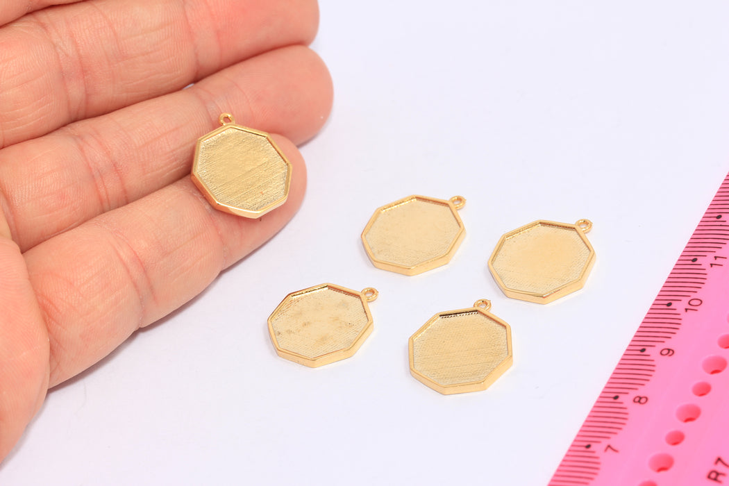 16mm 24k Shiny Gold Hexagon Pendant, Hexagon Bezel Charms, CHK109-8