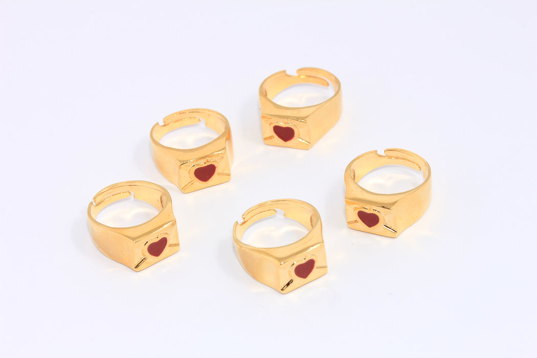 16mm 24k Shiny Gold Heart Rings, Cube Rings, Red Enamel Heart, CHK109-1