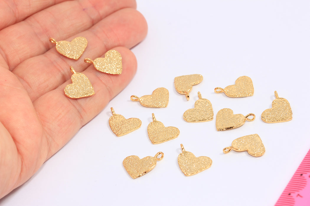 12x13mm 24k Shiny Gold Heart Charms, Hammered Heart Disc Beads, CHK111-8