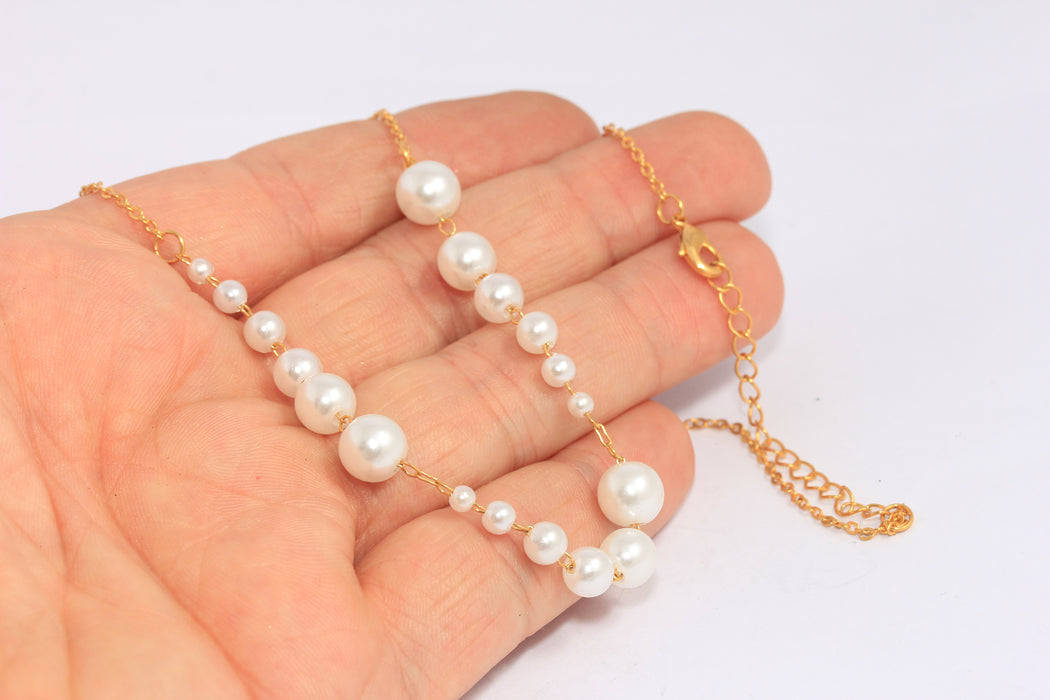 17'' 24k Shiny Gold Pearl Necklace, Pearl Beaded Necklace , CHK81-2