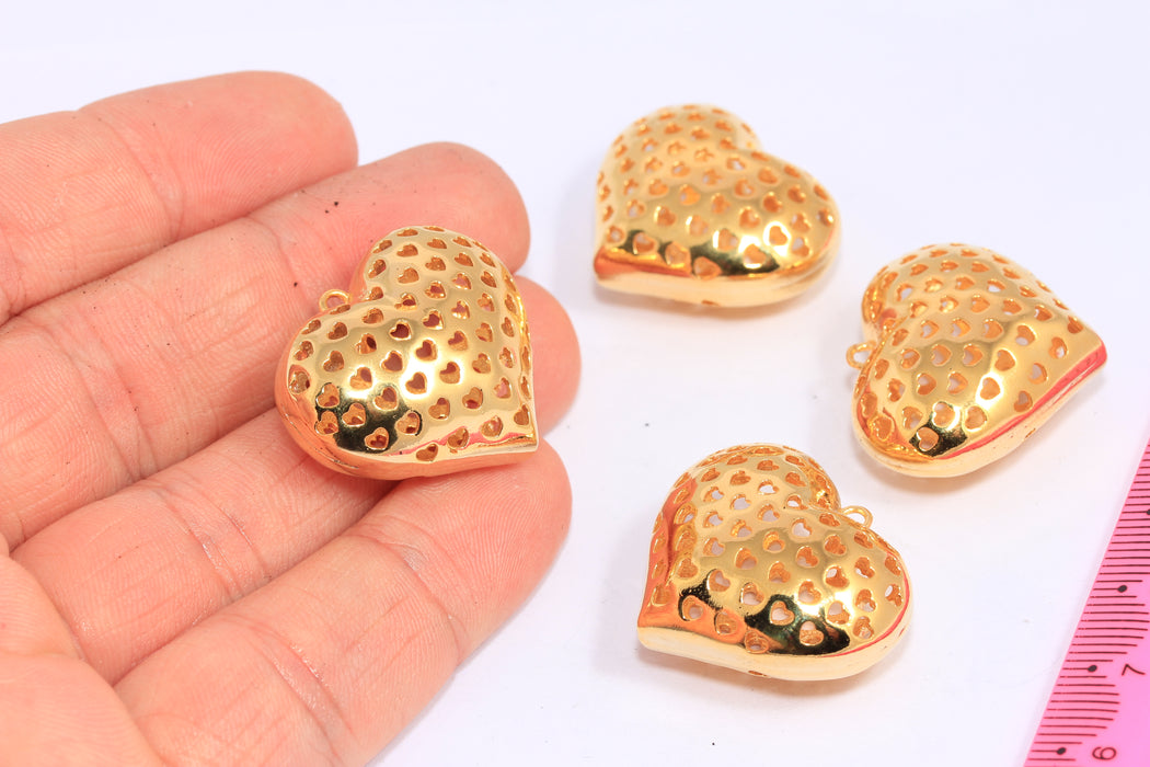 Ciondoli a forma di cuore in filigrana, oro lucido 24k, 25x30 mm, CHK59-2