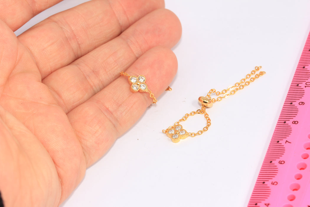 24k Shiny Gold CZ Chain Rings, Micro Pave White Stone Flower Ring, CHK470-6