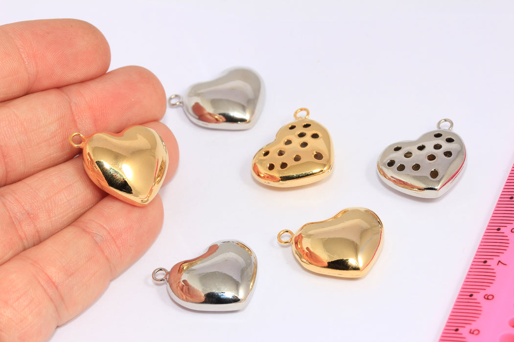 20x22mm 24k Shiny Gold Or Rhodium Plated Heart Puffed Charms, Filigree Heart Pendant, CHK472-2