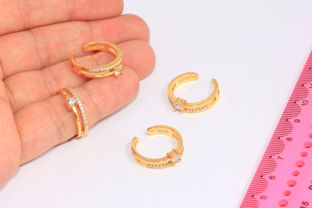 16-17mm 24k Shiny Gold CZ Rings, Micro Pave White Stone Double Rings, CHK403-7