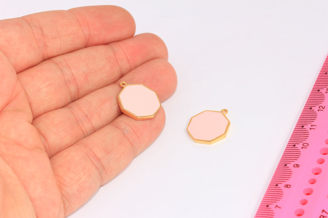 16 mm 24 Ayar Parlak Altın Altıgen Kolye, Pembe Mine Altıgen Tılsımlar, CHK508-3