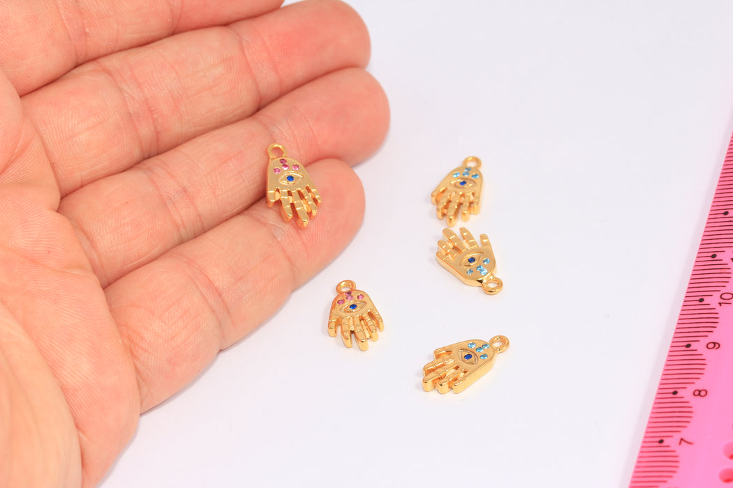 9x17mm 24k Shiny Gold Hamsa Beads, Micro PaveMixed Stone Hamsa Charms, CHK508-2