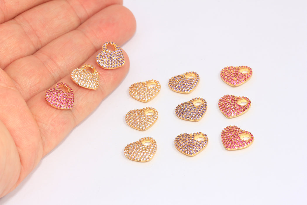 11x13mm 24k Shiny Gold CZ Heart Charms, Micro Pave Heart Beads,