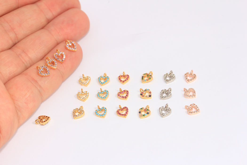 6x8mm 24k Shiny Gold Heart Charm, Mini Micro Pave Heart Beads,