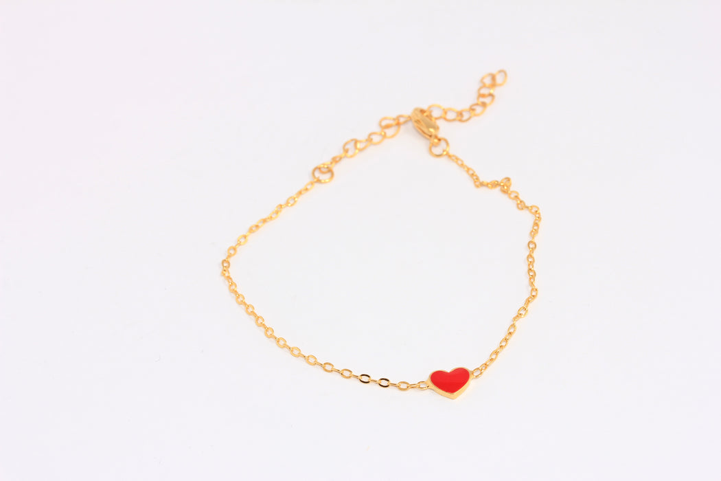6.5'' + 2'' 24k Shiny Gold Heart Bracelet, Red Enamel Heart Bracelet,