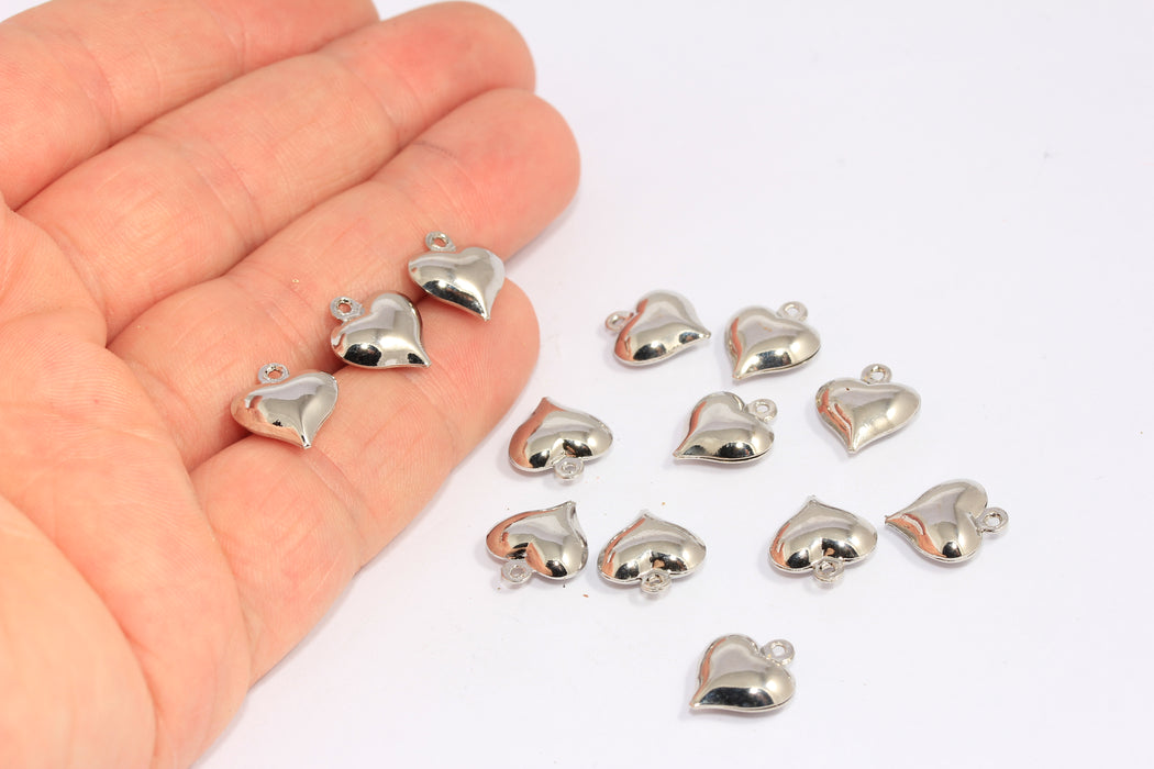 Ciondoli a forma di cuore placcati in rodio da 12x13 mm, perline a forma di cuore gonfio, BXB298-2