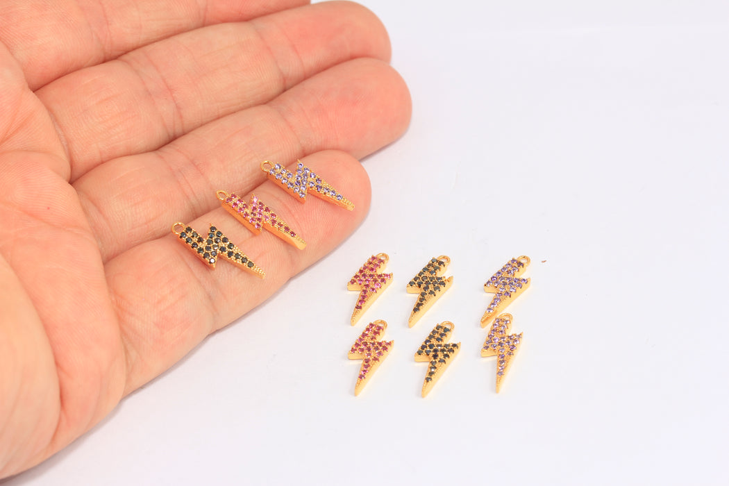 5x15mm 24k Shiny Gold CZ Thunder Charms, Micro Pave Lightning Beads, CHK96-8