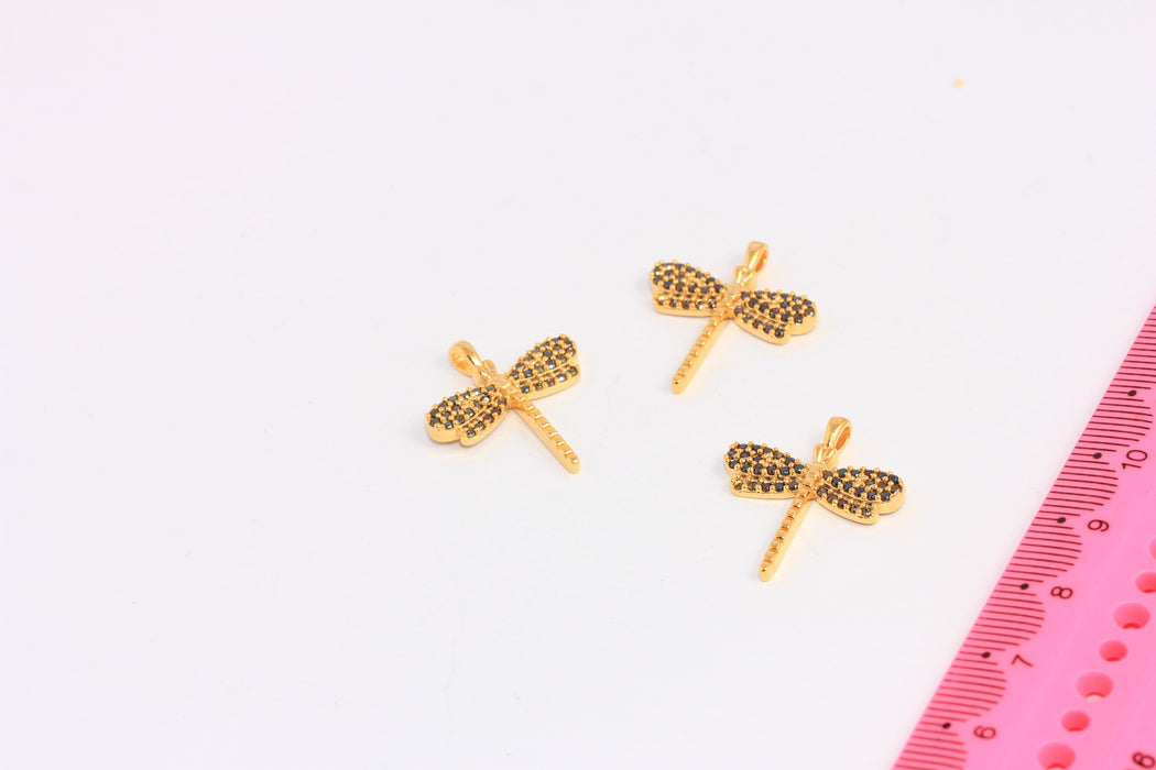 20x21mm 24k Shiny Gold CZ Dragonfly Charms, Micro Pave Butterfly Beads, CHK147-1