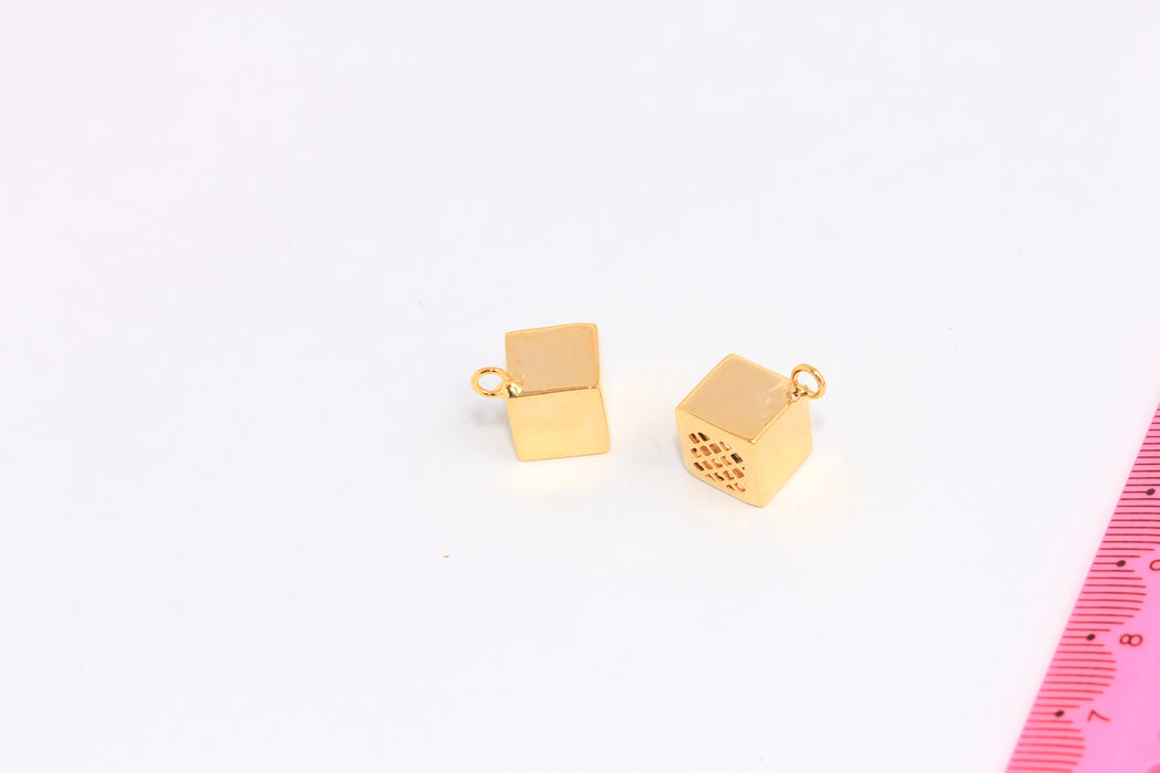 10mm 24k Shiny Gold Cube Charms, Hollow Cube Beads, CHK227-5