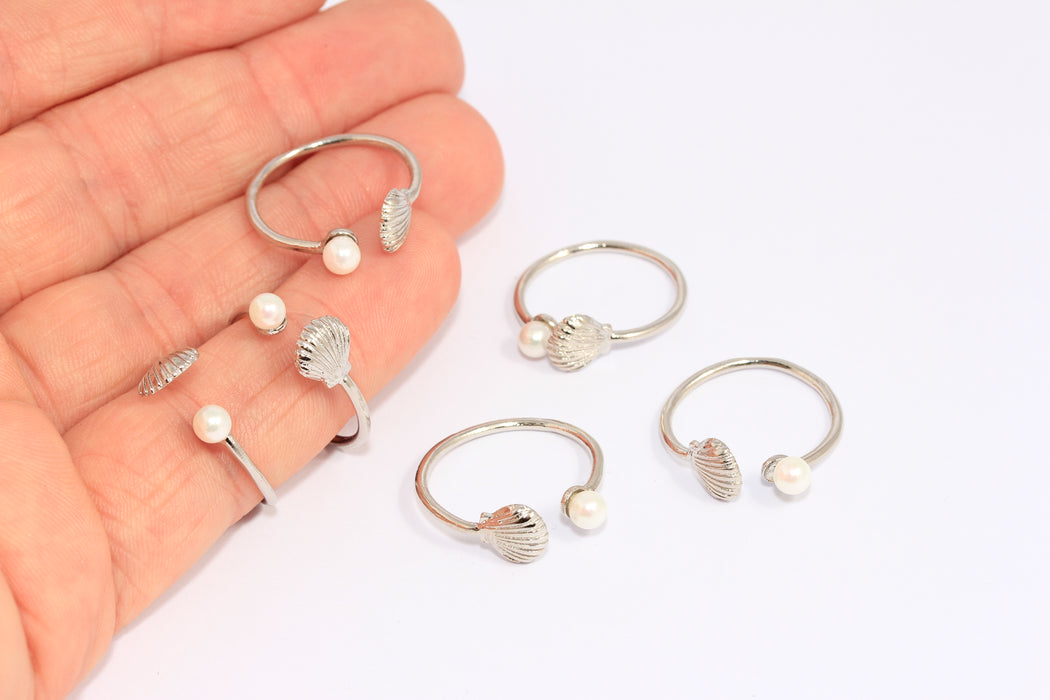 17-18mm Rhodium Plated Shell Rings, Pearl Bead Stacking Rings, CHK413-7