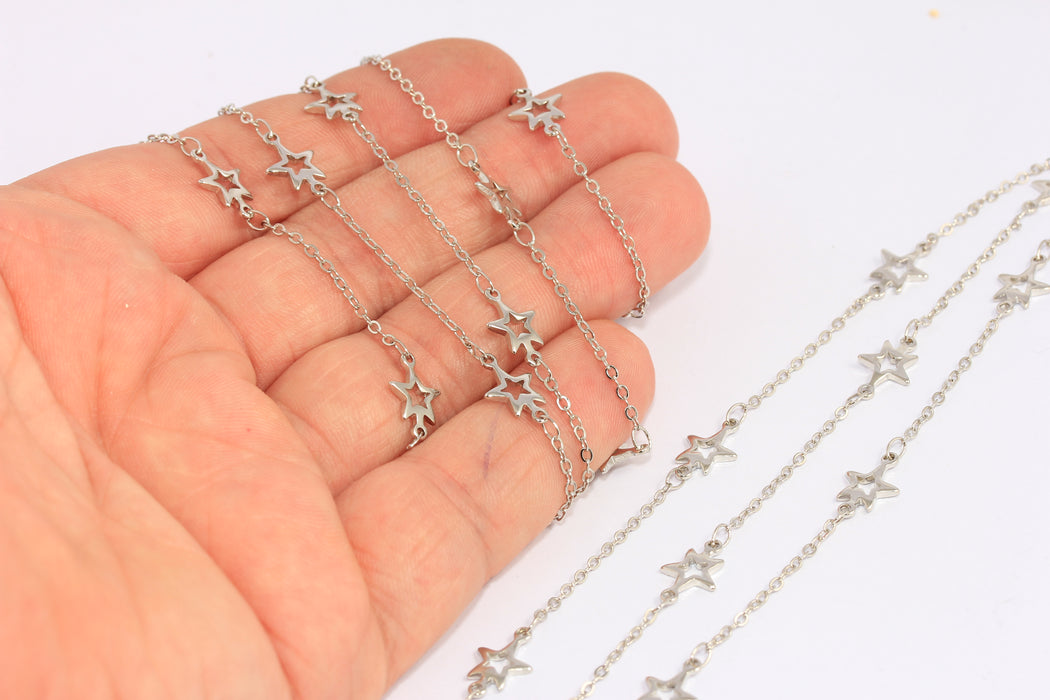 1,5 mm Rodyum Kaplama Yıldız Zincir, Lehimli Yıldız Charm Zincirleri, CHK221-3