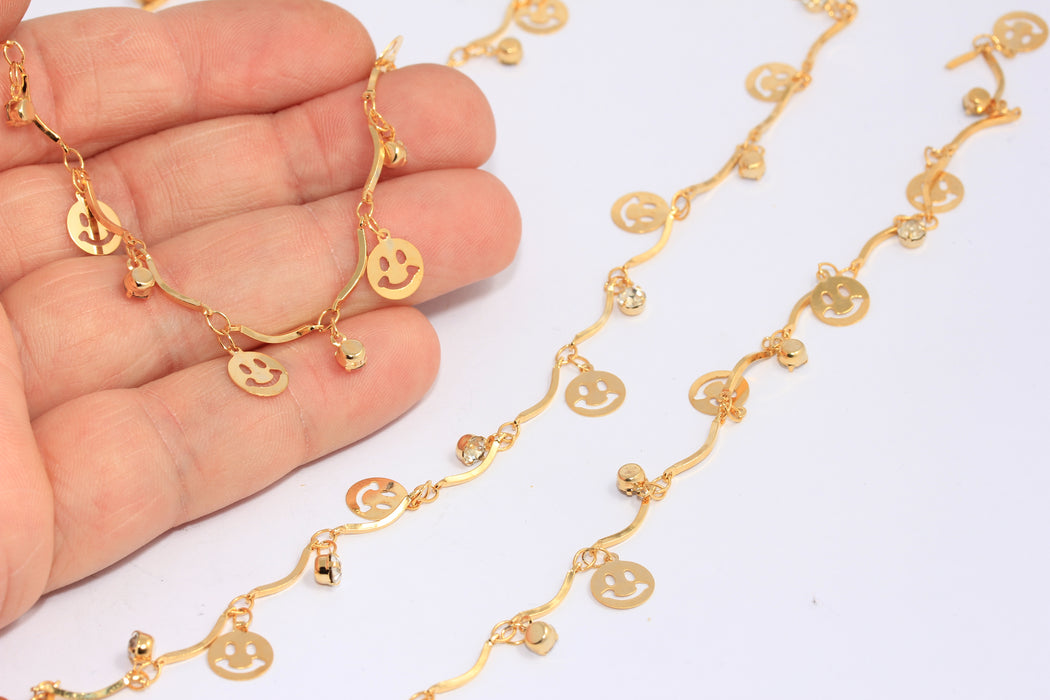 Catena con moneta sorridente in oro lucido 24k, catena con perline di cristallo, CHK546