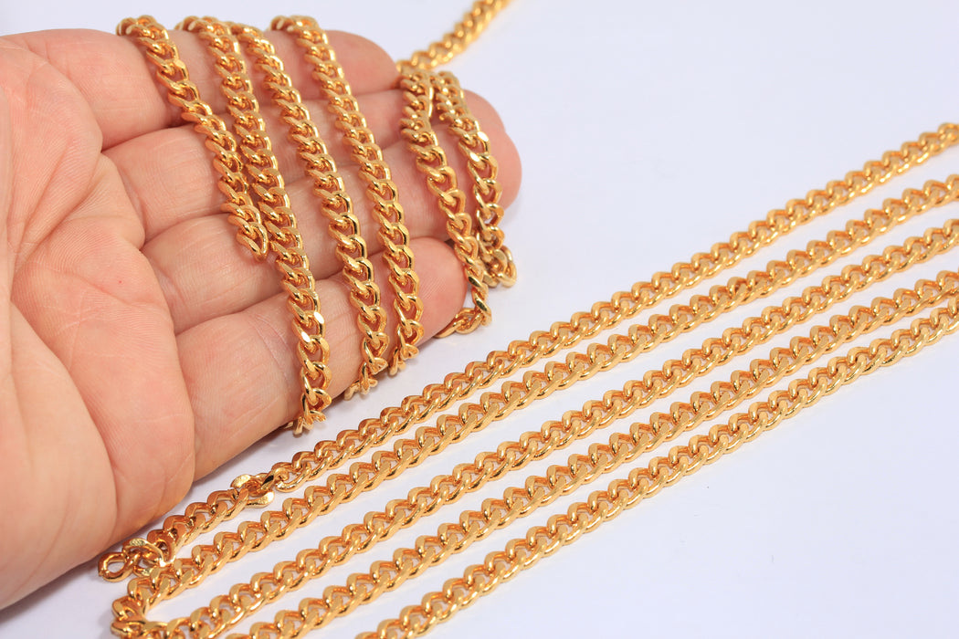 4,8mm 24k Shiny Gold Faceted Chain, Curb Necklace Chain, CHK554