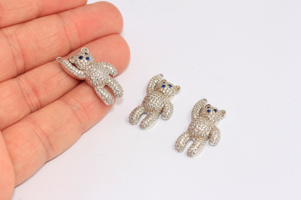 15x25mm Rhodium Plated CZ Bear Charm, Teddy Bear Pendant, CHK434-6