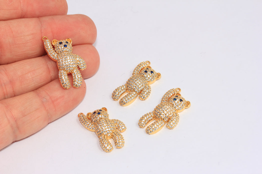 15x25mm 24k Shiny Gold CZ Bear Charm, White Stone Micro Pave Teddy Bear, CHK434-3